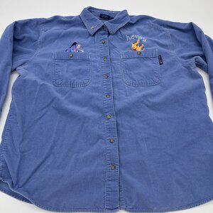Vintage 90s Winnie the Pooh Embroidered Blue Corduroy Button-up Shirt Size XL